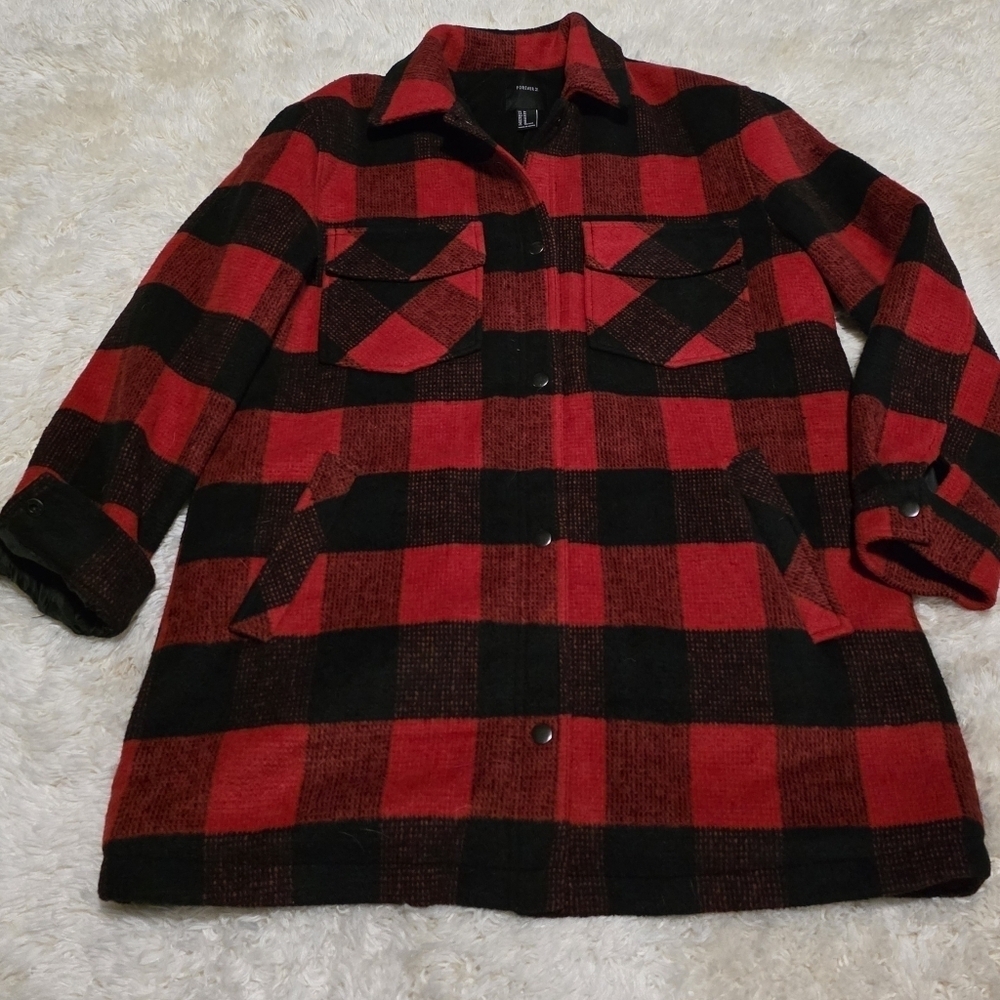 Forever 21 Red and Black Checkered Flannel Wool 3/4 Length Coat Snap NWOT